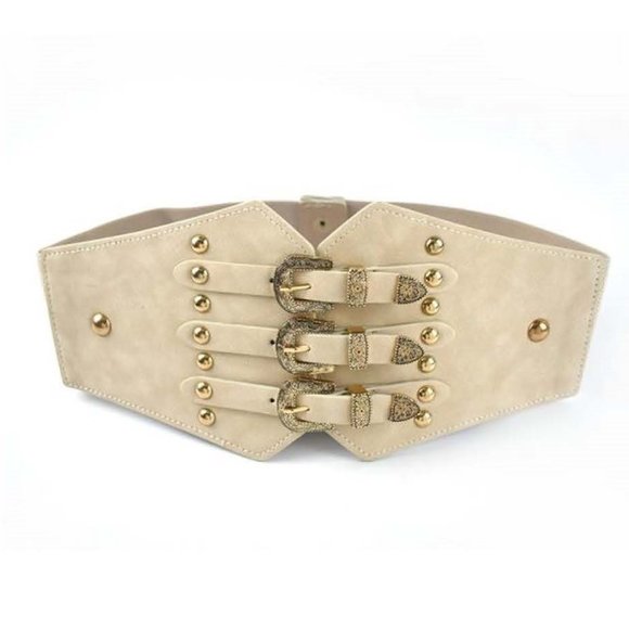 Cream & Gold Vintage Style 3-Buckle Cumberbund Belt - Elastic Back - Snap - Picture 1 of 7